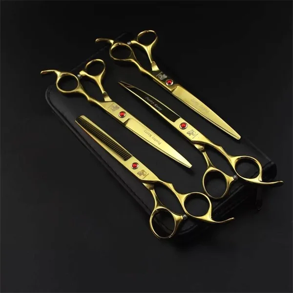 gold PK-704 7 дюймов профессиональные японские 440C ножницы для стрижки собак набор ножницы для стрижки собак филировочные изогнутые ножницы с расческой - Цвет: gold PK-704