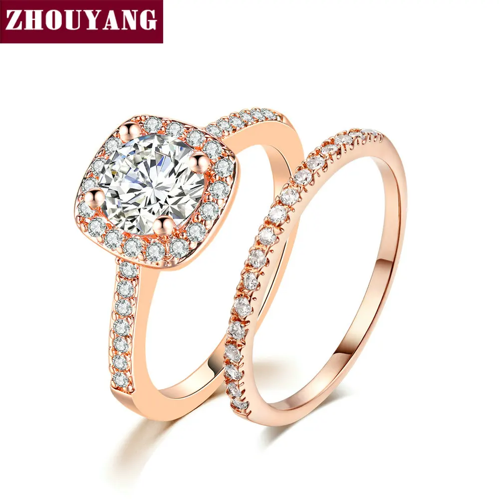 ZHOUYANG Engagem наборы свадебных колец для женщин Классический круглый вырез AAA + CZ