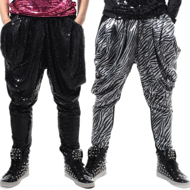 

Мужские свободные шаровары с блестками, черные или Серебристые брюки-султанки в стиле хип-хоп, танцевальные штаны для выступлений в стиле д...