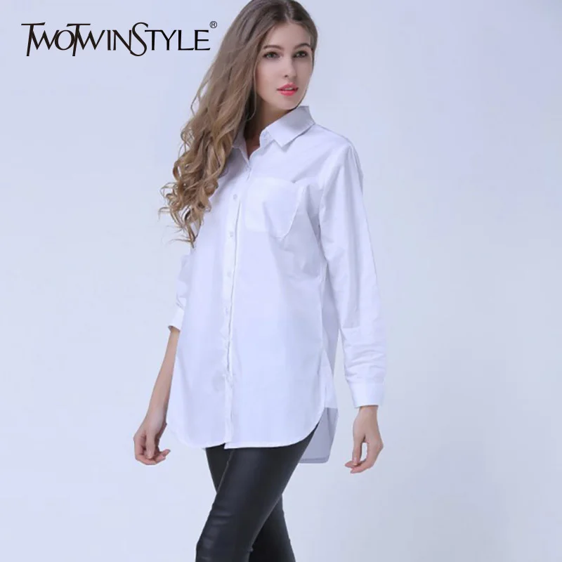 Женская блузка в полоску TWOTWINSTYLE Асимметричная рубашка с длинным рукавом большие
