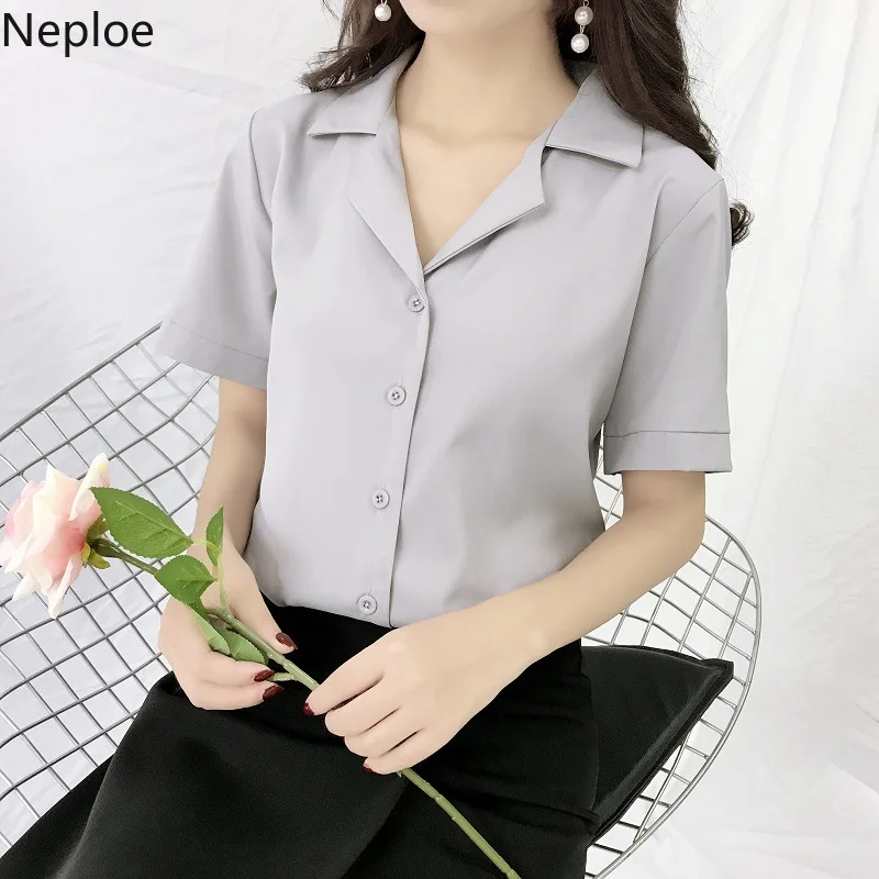 Женская рубашка Neploe с коротким рукавом корейская мода однотонная шифоновая