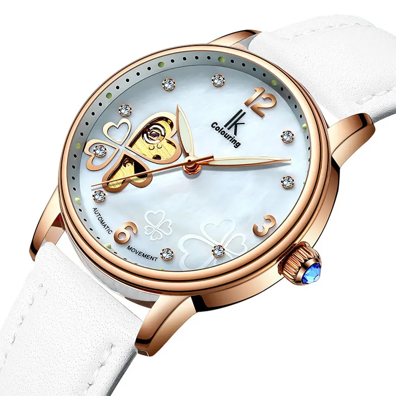 

New Top Luxury Brand IK Automatic Mechanical Dual Skeleton Women's Watches Leather Diamond Waterproof Ladies Wristwatches4497