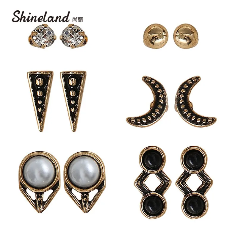 Big Sale Personality Vintage Pearl Arrow Statement Earrings Resin Crystal Moon Triangel Shape Stud For Women 6 Pair/Set | Украшения и