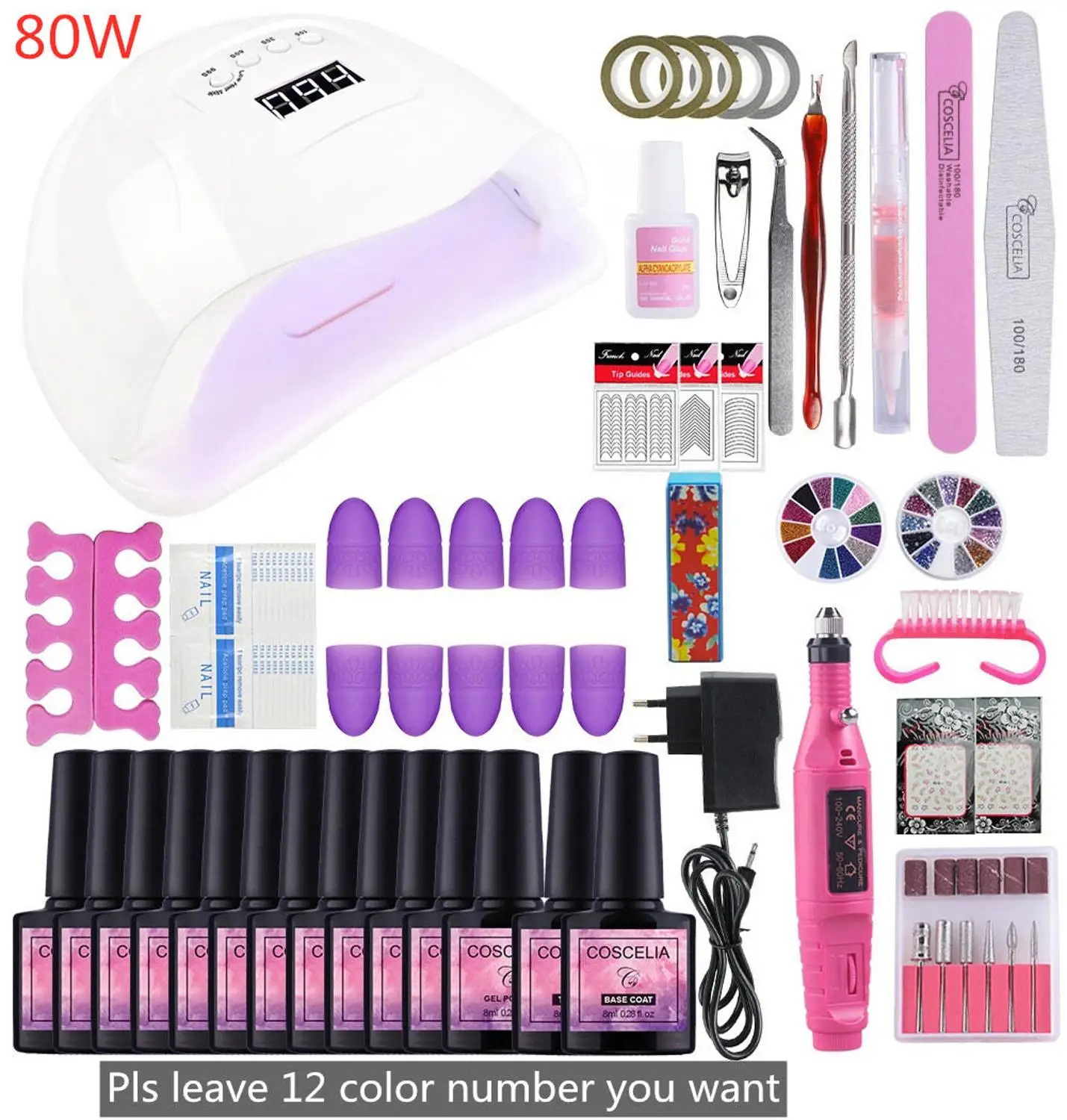 80W with 12pcs Gel Маникюрный набор COSCELIA 80 Вт УФ светодиодная лампа с 12 шт. Гель-лак для ногтей Набор для ногтей Электрический сверлильный станок Инструменты для маникюра - Цвет: 80W with 12pcs Gel