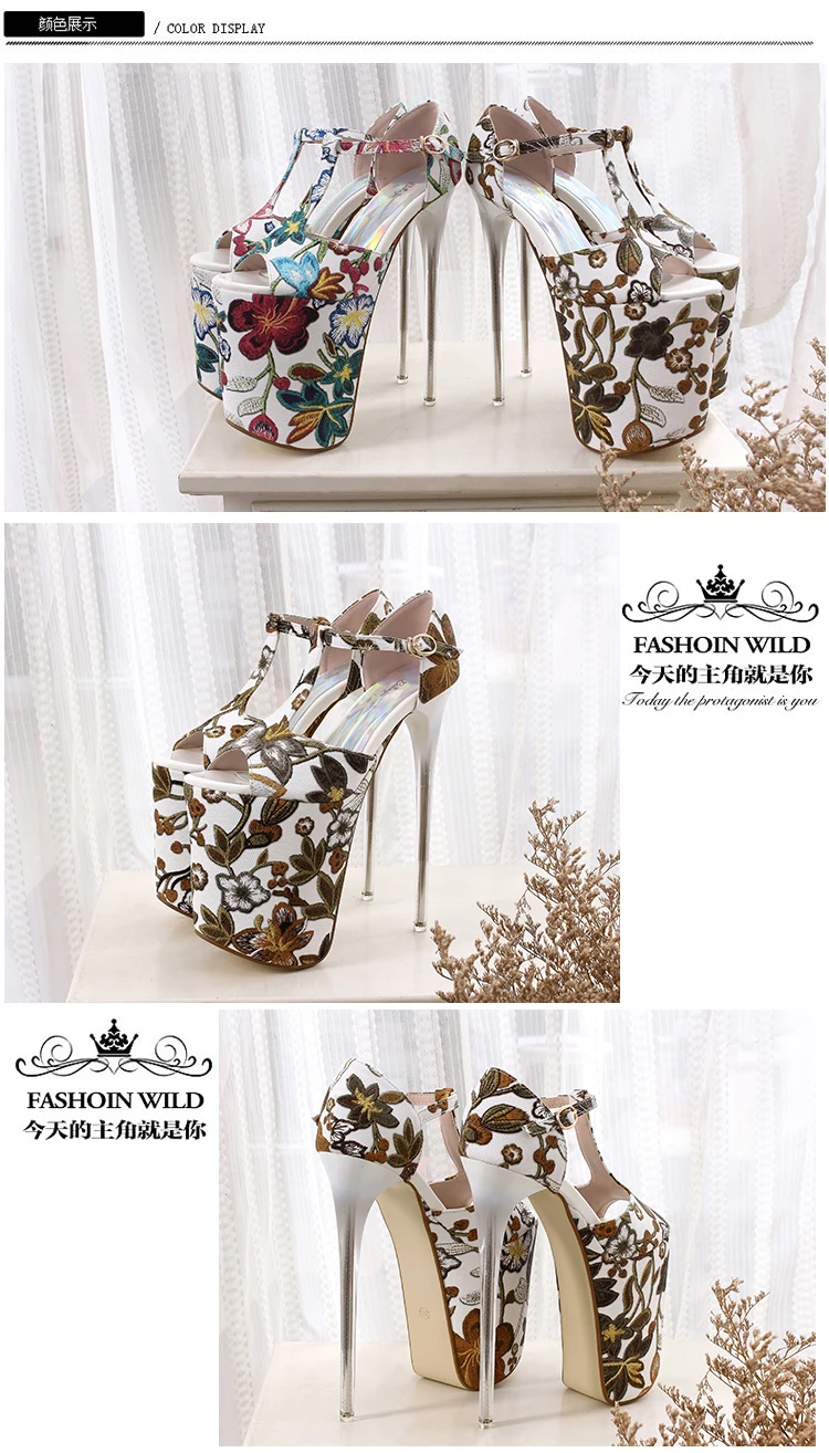 LLXF zapatos/Большие размеры: 34-42, 43, Летние Босоножки с открытым носком и цветочным принтом пикантные туфли на тонком высоком каблуке 20 см для ночного клуба женские туфли-лодочки на шпильке