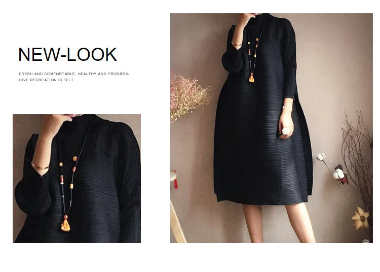 Changpleat весеннее женское платье с высоким воротом Miyak Плиссированное модное дизайнерское одноцветное свободное женское платье большого размера длиной до колена