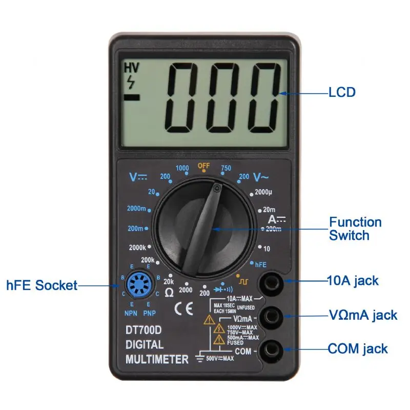 WHDZ DT-700D мини большой экран цифровой мультиметр зуммер защита от перегрузки квадратная волна Выходное Напряжение Ампер Ом тестер зонд