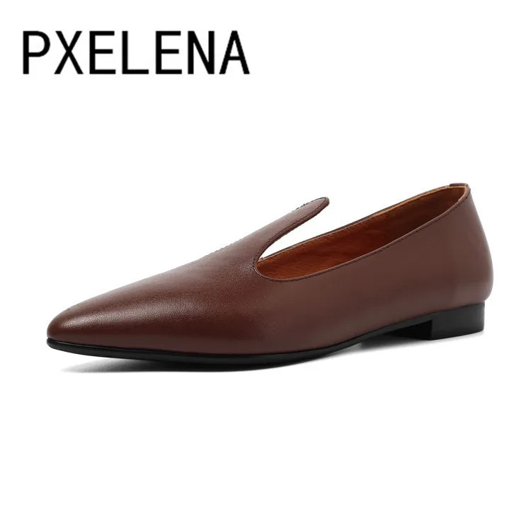 PXELENA 2019 осенние брендовые новые женские лоферы из натуральной кожи с острым
