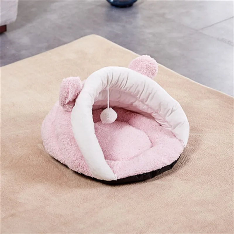 pink with ear Shu вельветовый зимний спальный мешок для питомцев, теплый коврик для питомцев, для щенков, собак, кошек, пещерный питомник, ветронепроницаемый подстилка для питомцев, 4 цвета и S-L размеров - Цвет: pink with ear