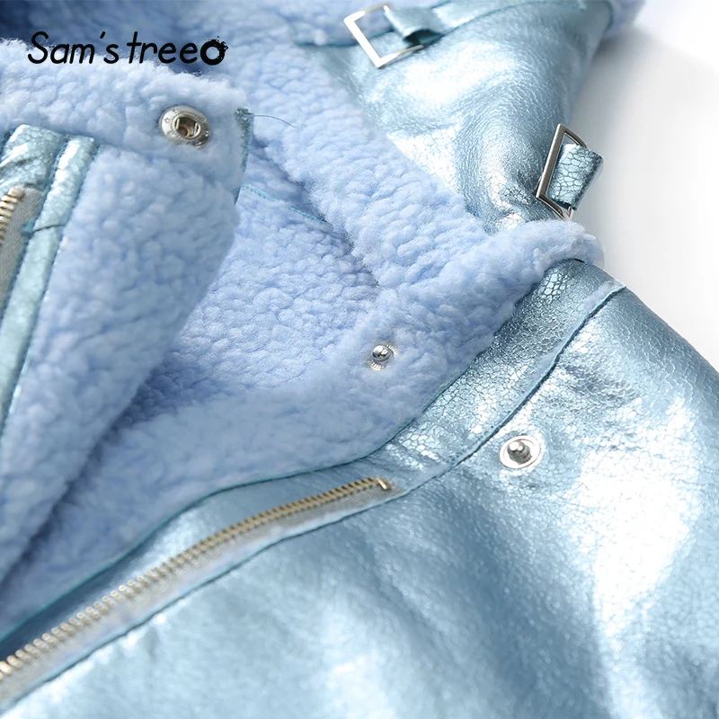 Samstree Moto& Biker Winter Women Short Coat Shiny Fabric Female Jacket Turtleneck Blue Warm Young Lady Coat