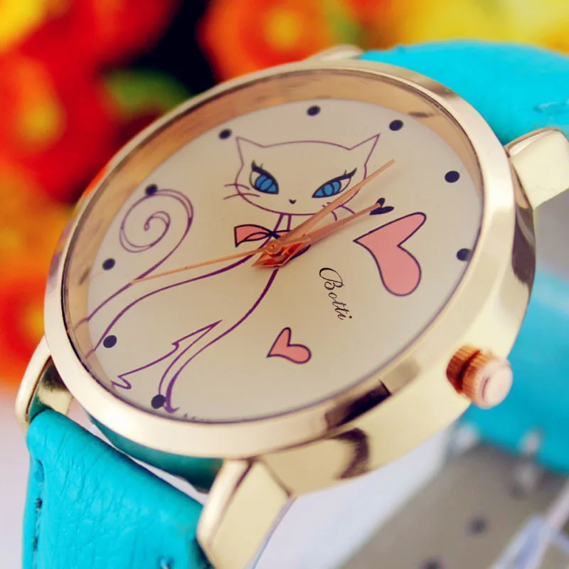 Модные женские искусственный кожаный полосатый ремешок с узором Love cat Dial Relogio feminino Аналоговые кварцевые наручные часы Cat женские часы B40