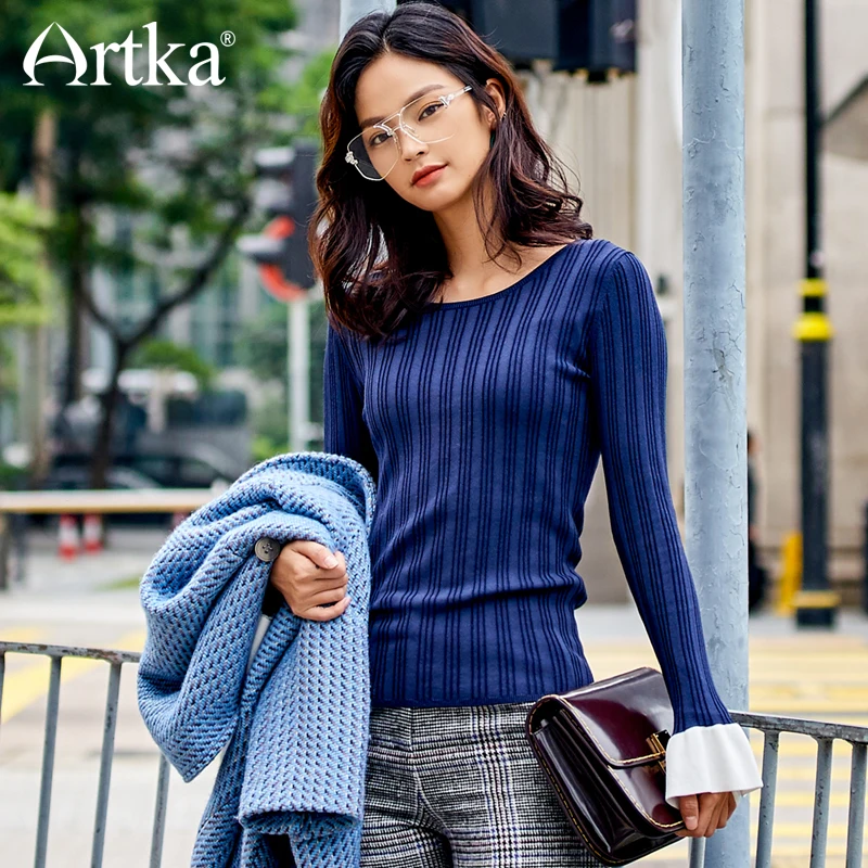 ARTKA 2018 New City Series Autumn&amp Winter Strap Pattern Flare Sleeves Thin Pullover Knitwear JS17020 | Женская одежда