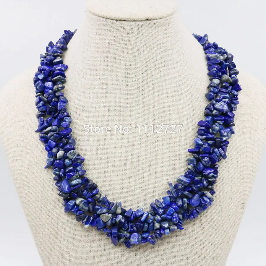 Irregular Lapis lazuli Beads 3Rows Necklace Chain Jewelry Girls Party Gifts 18inch Stone Fitting Accessory Crafts Blue | Украшения и