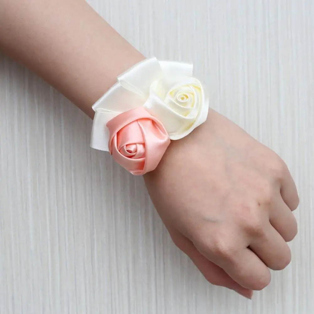 ivory shell pink Цвета слоновой кости шелковые розы поддельные цветы бутоньерка на запястье для подружки невесты браслет цветок рука свадьба выпускного вечера ленты корсаж браслет SW1317-J - Цвет: ivory shell pink