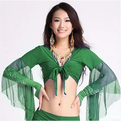 12 colors Wholesale women belly dance clothes sexy spandex top mesh horn sleeves | Тематическая одежда и униформа