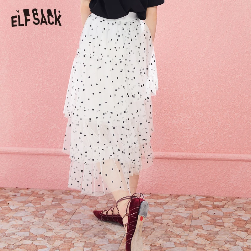 Модная юбка ELFSACK в горошек из тюля асимметричная Женская длинная японском стиле