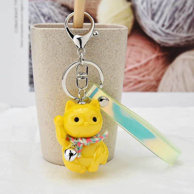 Новинка, брелок для ключей Lucky Cat, милый мультяшный брелок для ключей, пара колокольчиков, ПВХ, волшебный цвет, кожаный шнур, брелок для автомобиля, сумка, висячая, K2269