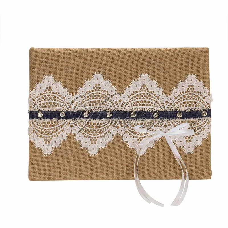 Ретро Книга для гостей из мешковины с кружевными лентами и бантом вечеринок