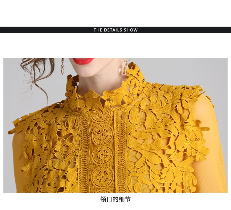 Новое Элегантное желтое кружевное платье с водорастворимые цветами Vestidos Verano весенние вечерние платья средней длины с длинными рукавами K3531