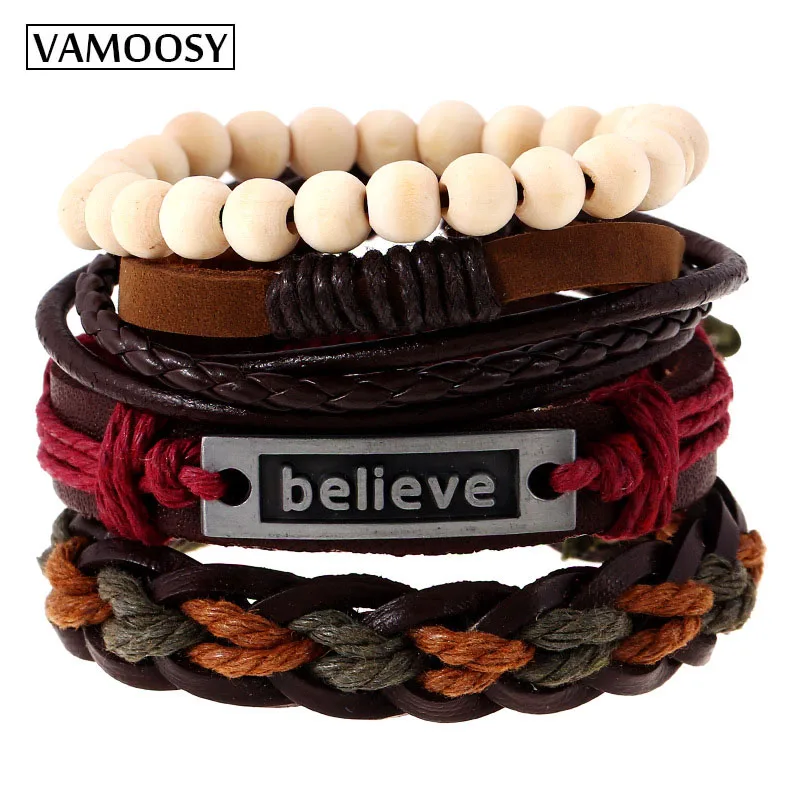 Модный винтажный женский браслет VAMOOSY из натуральной кожи с подвесками 4 шт. Новое