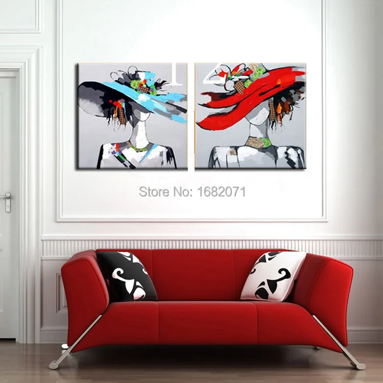 Free Ship Beautiful Design Handmade Two Pictures Blue And Red Hat With Modern Lady Oil Painting On Canvas For Wall Decoration | Дом и сад