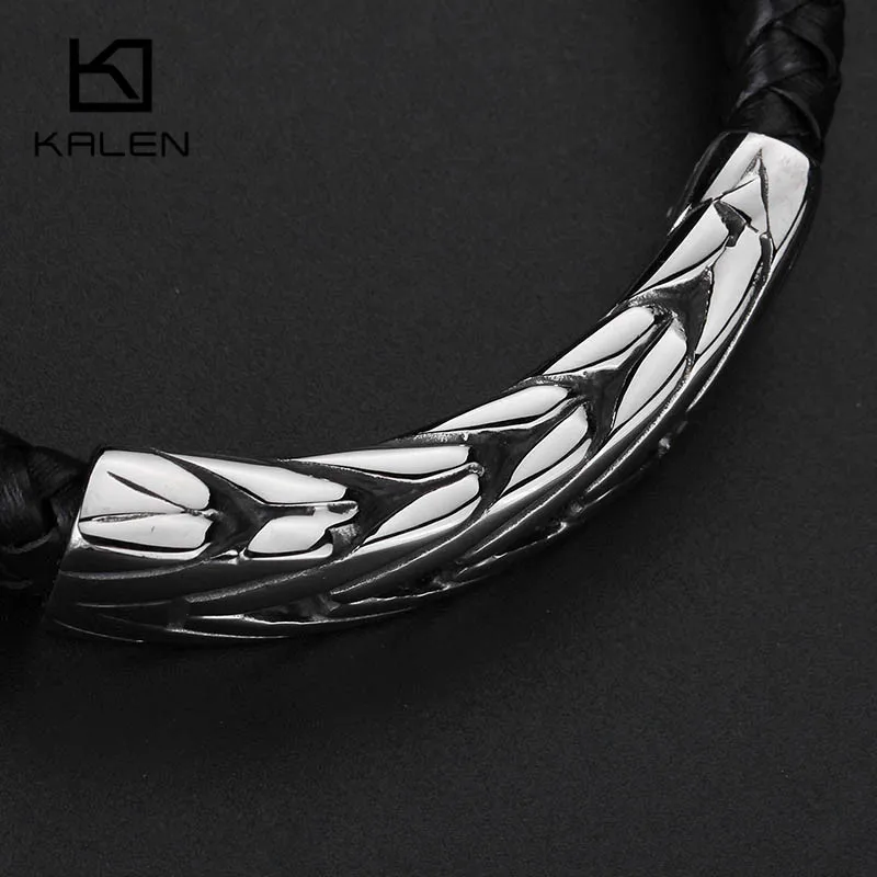 KALEN 22 см модный плетеный кожаный браслет для мужчин из нержавеющей стали