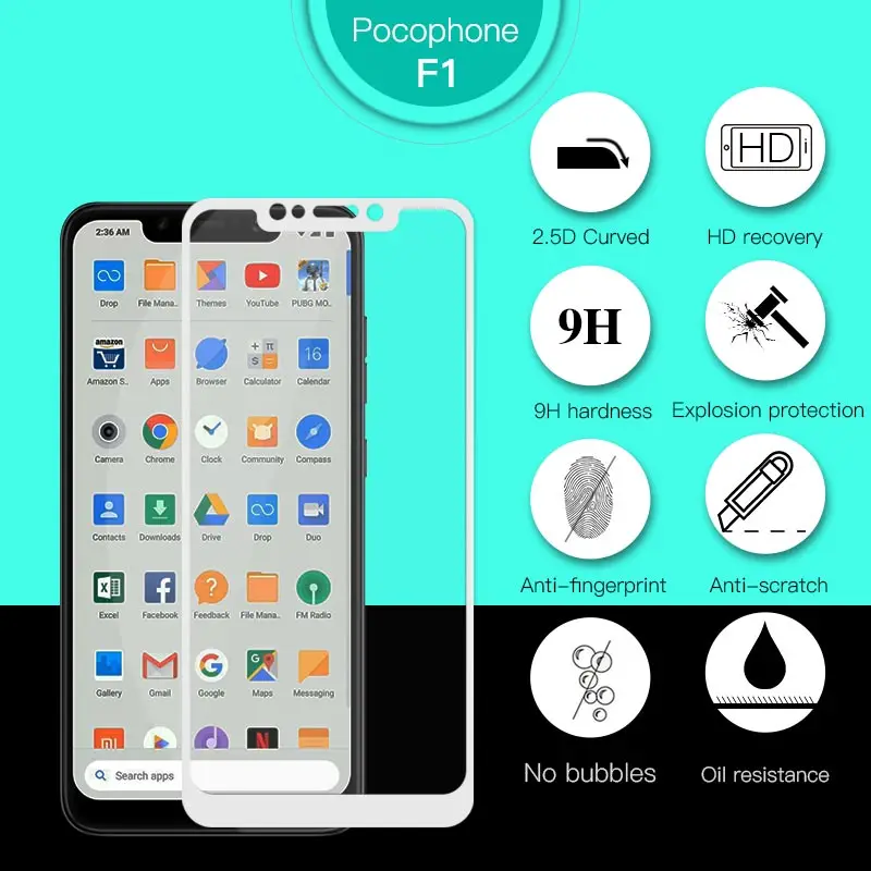 Защитная пленка для экрана 9H Tempered Glass для Xiaomi Mi 8, 6, 5S Max, Pocophone F1, полное покрытие, 2.5D, Redmi Note 5, 5A, 3, Y1 Lite.