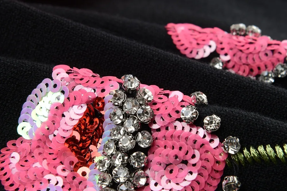 Fashion Runway 2020 Winter Women's Sweaters Embroidery Sequins Diamonds Flower Pullovers Female Knitted Tops Black Thin Clothing | Женская