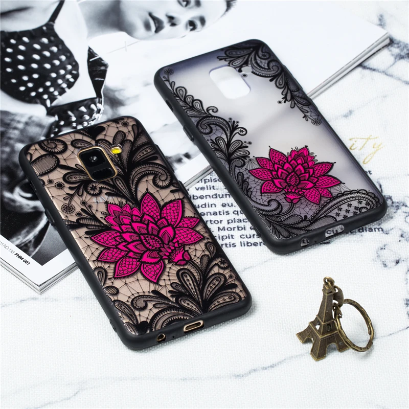 For Samsung Galaxy A8 Plus 2018 Case Lace Floral Phone Cases Black Rose Relief Matte Hard PC Back Cover for |