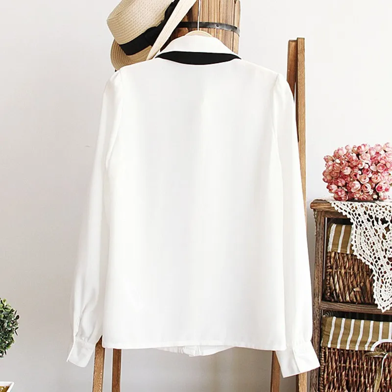 Sell like hot cakes Fashion female elegant bow tie white blouses Chiffon peter pan collar casual shirt Ladies tops school blouse |