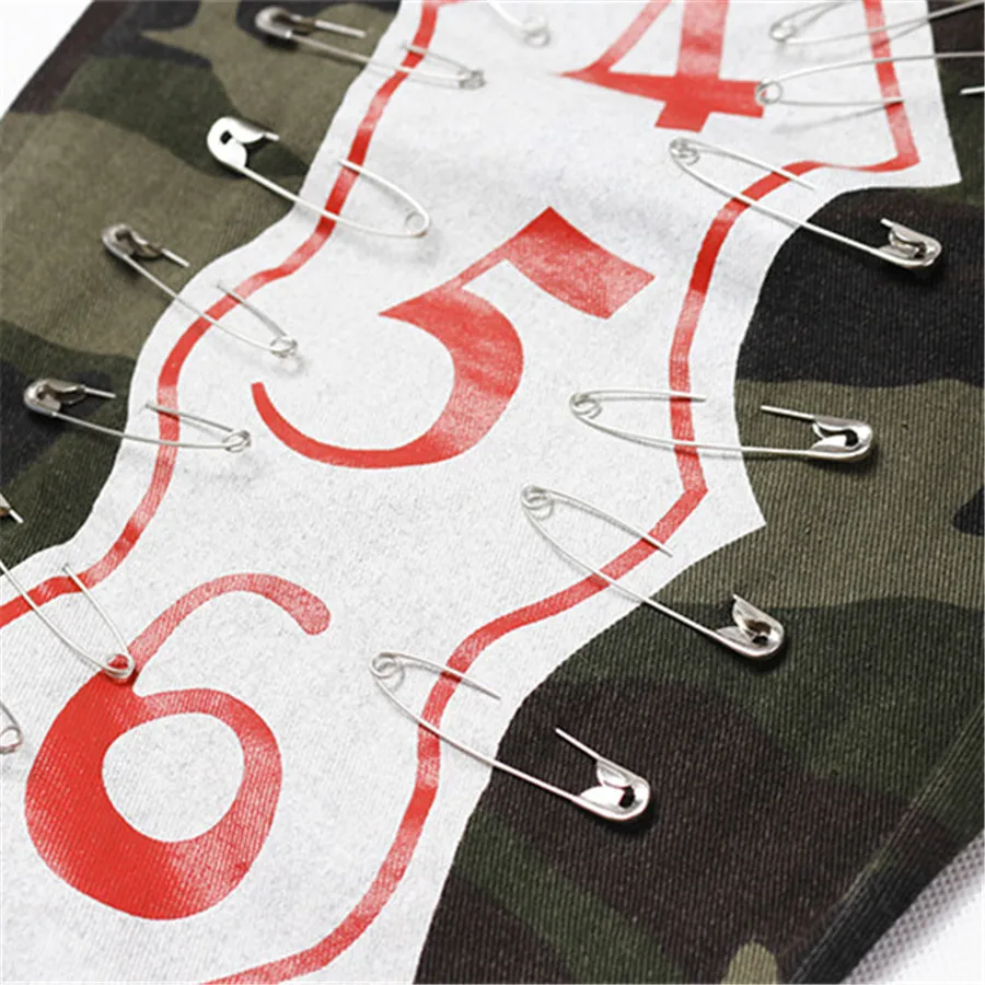 

DANCING WINGS Tide brand Camouflage Letter printing Hole oversize jeans jumpsuit women