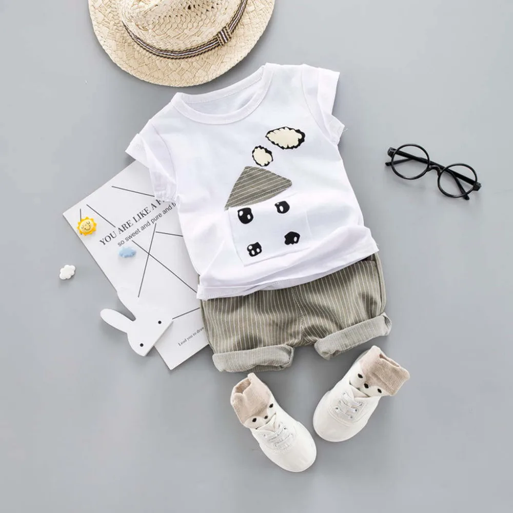 Baby Boy Clothes Cartoon Striped Print Tops Denim Shorts Set 2PCS Outfits Sets Summer Cotton Dropshipping | Детская одежда и обувь