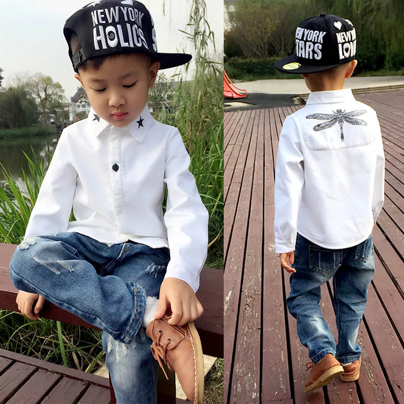 2019 Children Fashion Shirt Kids Clothes Spring Autumn Boys Cotton White Blouses Long Sleeve Dragonfly Turn-down Collar |