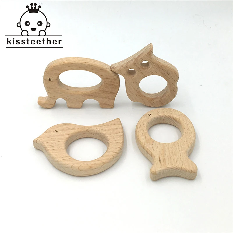 DIY Baby Teether Toys Organic Natural Beech Wooden Elephant-Bird-Fish-Owl Hand Cut Toys Baby Wooden Teether Gift