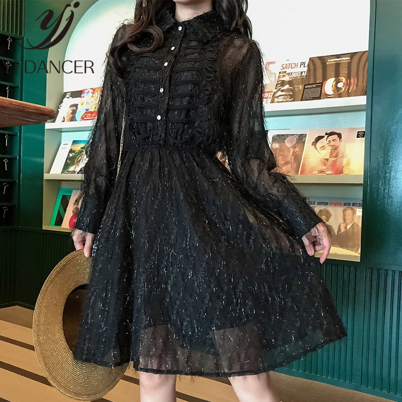 

Korean Retro Female Spring Autumn Black Dress 2019 New Stand Collar Temperament Elegant Dresses Waist Slim Tassel Lady Vestidos