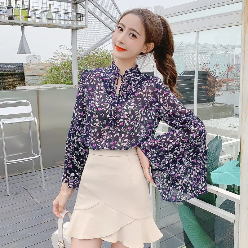 OllyMurs 2019 New Spring Summer Women Flare Sleeve Chiffon Shirts Woman Vintage Floral Printed Blouses Fashion Elegant Sexy Tops | Женская