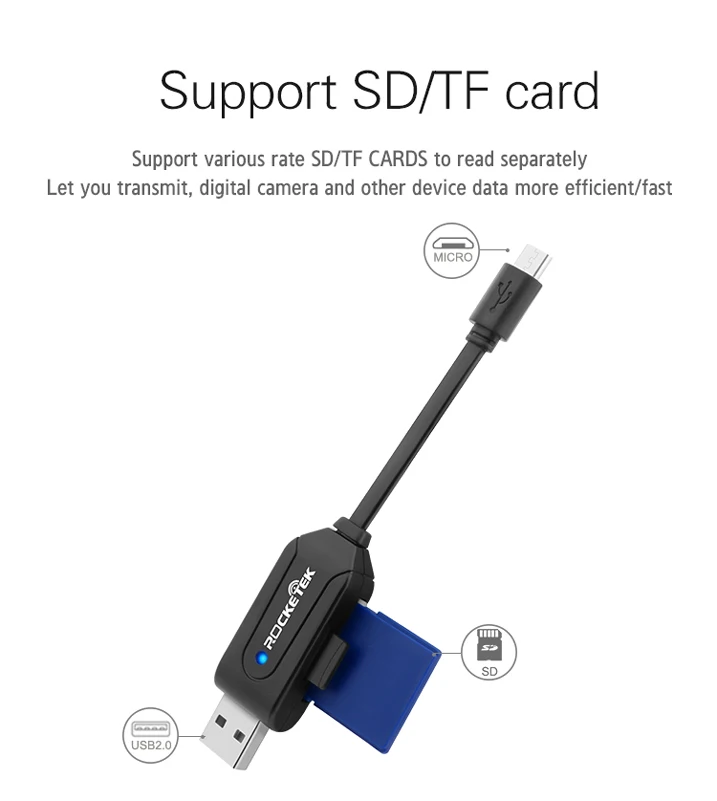 Rocketek micro usb 2,0 мульти 2 в 1 памяти otg телефон кард-ридер адаптер для SD/TF micro SD ПК компьютер Ноутбук аксессуары