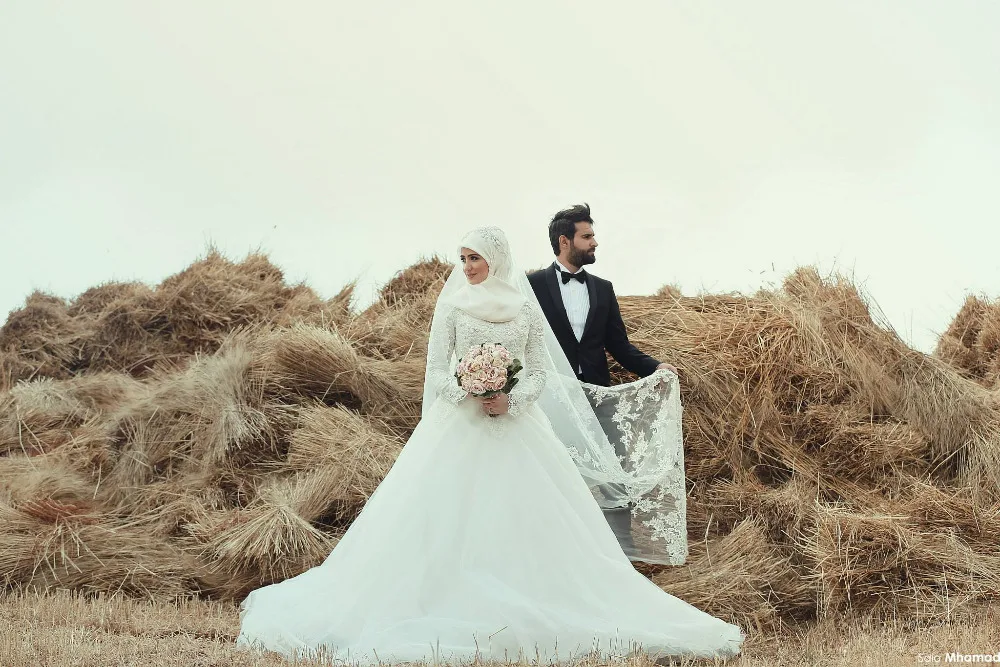 

Muslim Cheap Wedding Gown Appliques Tulle Hijab Wedding Dress With Long Sleeve 2016 Vestido de noiva Arabic Dresses
