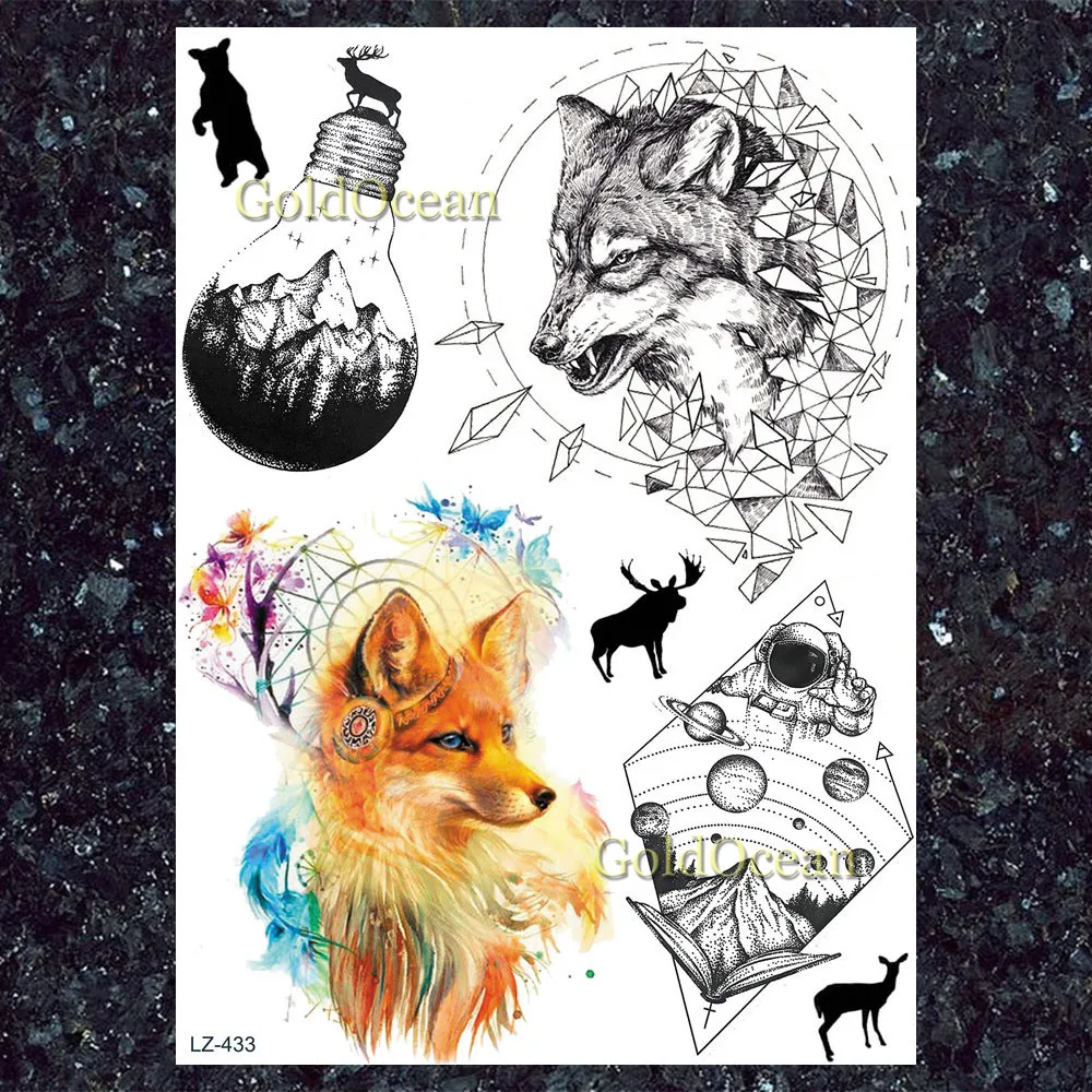 Поддельный Водонепроницаемый черный чип волк флэш Татуировка лиса наклейки для