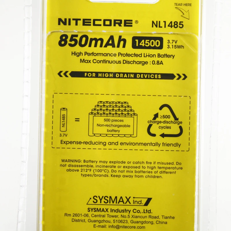 Аккумулятор Nitecore NL1485 14500 850 мАч литий ионный аккумулятор nitecore с верхней кнопкой