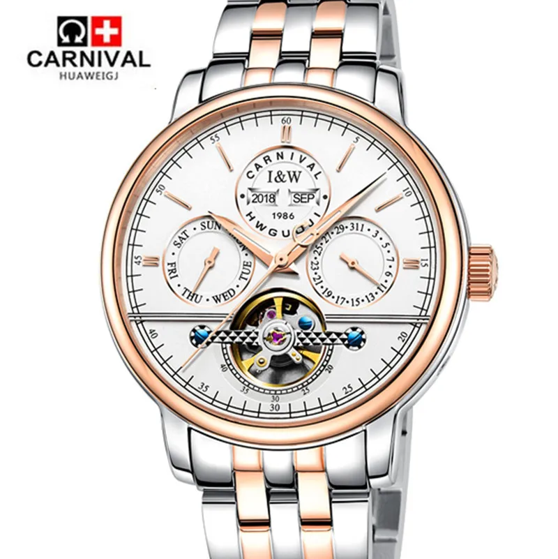 Carnival tourbillon Мужские брендовые автоматические механические часы Роскошные водонепроницаемые часы из натуральной кожи полностью стальные часы homme