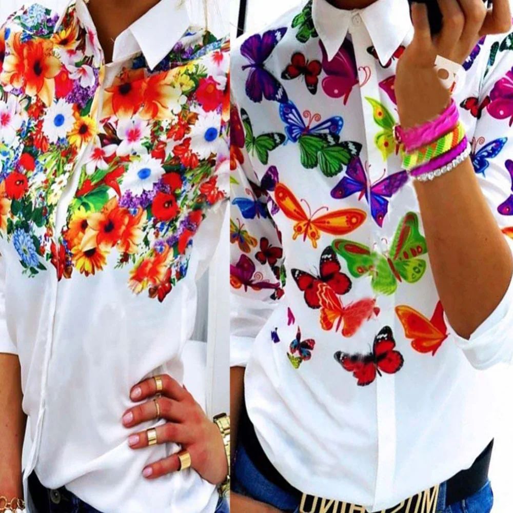 2016 женские блузки рубашки отложной воротник Цветочная блузка с длинным рукавом