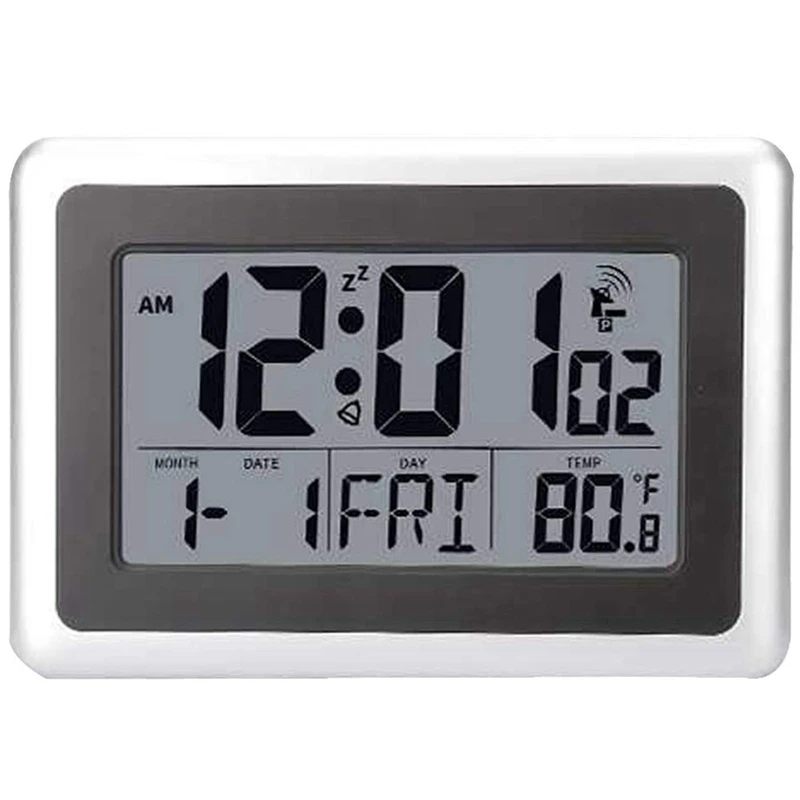 

Atomic Digital Wall Clock, Large Lcd Display, Battery Operated, Indoor Temperature, Calendar, Table Standing, Snooze Without B