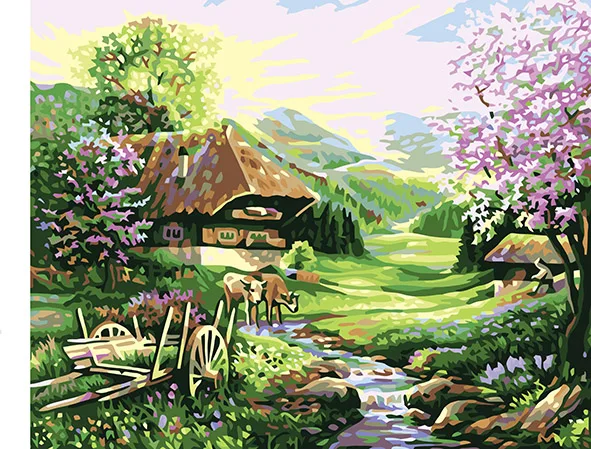 spring cottage Acrylic Paint By Numbers Oil Painting Gift Coloring Frameless Picture On Wall decor | Дом и сад