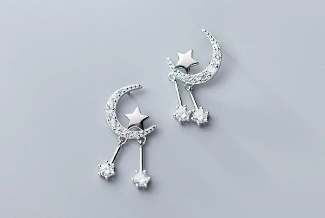 Настоящее. 925 пробы серебро ювелирных украшений циркония AAA+ комплект со звездами полумесяц витые болтающиеся серьги Для женщин GTLE2694
