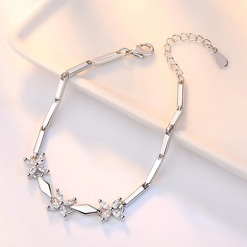 

100% 925 sterling silver fashion cute flower shiny crystal bracelets for women jewelry birthday gift wholeslae drop shipping