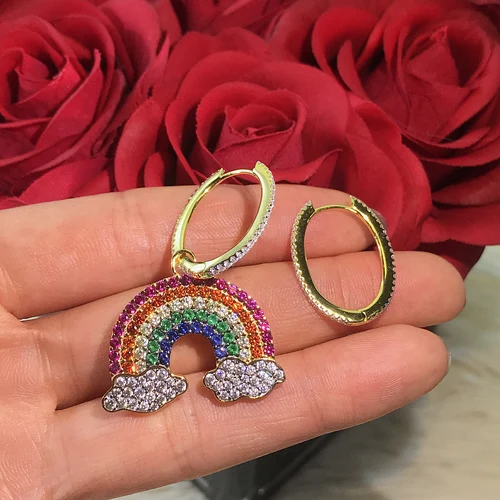 Rainbow Высококачественные великолепные Асимметричные висячие серьги золотого цвета, милые радужные висячие серьги-подвески для женщин, ювелирные изделия Ins - Окраска металла: Rainbow