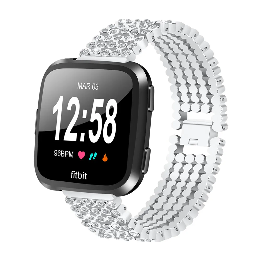 Watch Strap For Fitbit Versa Five Steel Wrist Band 5 Beads Round Rhinestone Inlaid Solid Replace Wristbands Accessories Straps