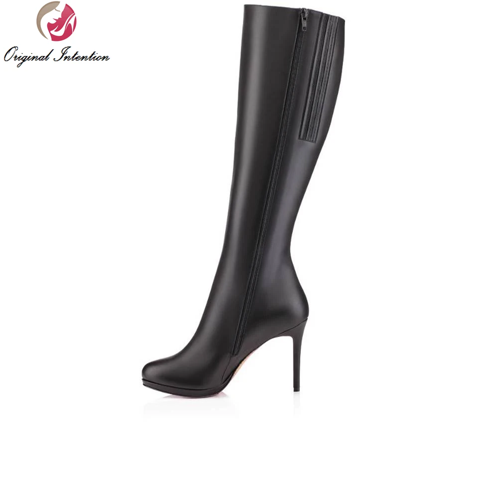 

Original Intention 4 Colors Fashion Women Mid-Calf Boots Flock/Micorfiber 12-14cm Thin Heels Boots Shoes Woman Plus Size 4-15