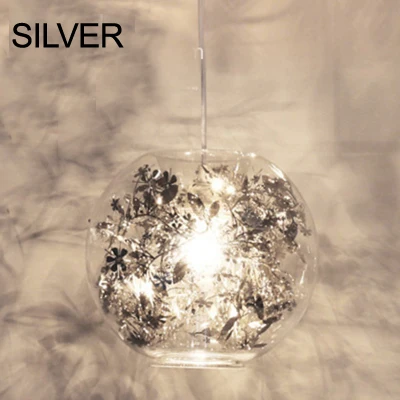 D28cm silver A Современные подвесные светильники из прозрачного стекла с шариком из нержавеющей стали с цветами и листьями золотого и серебряного стекла, подвесные светильники для аквариума, Подвесная лампа - Цвет корпуса: D28cm silver A